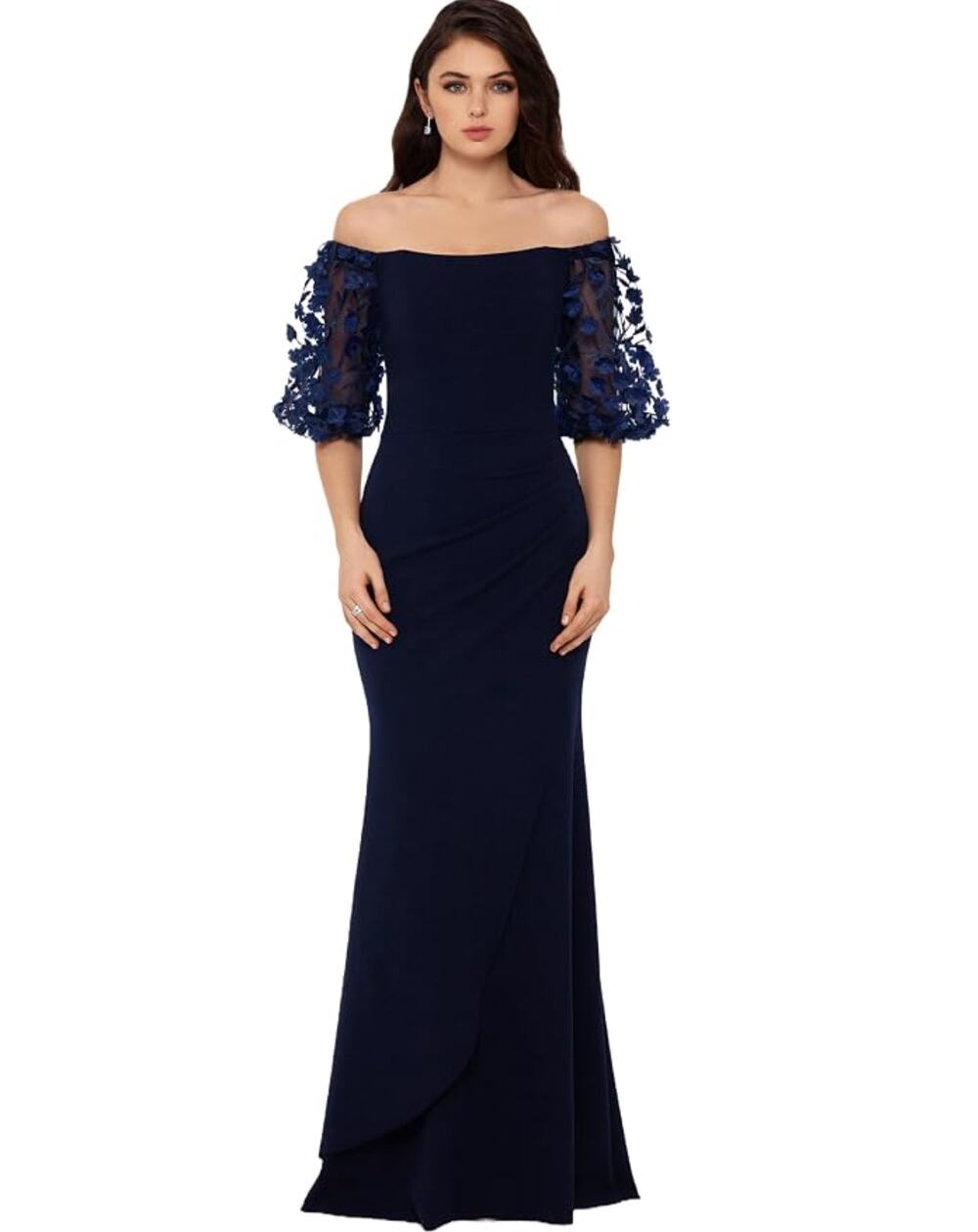 XSCAPE Off The Shoulder Mermaid Gown Dress 4P Petite Navy 3D Floral Prom Evening
